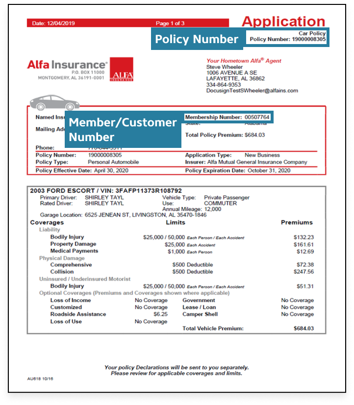 Sample Auto Policy Declarations Page | Alfa Insurance